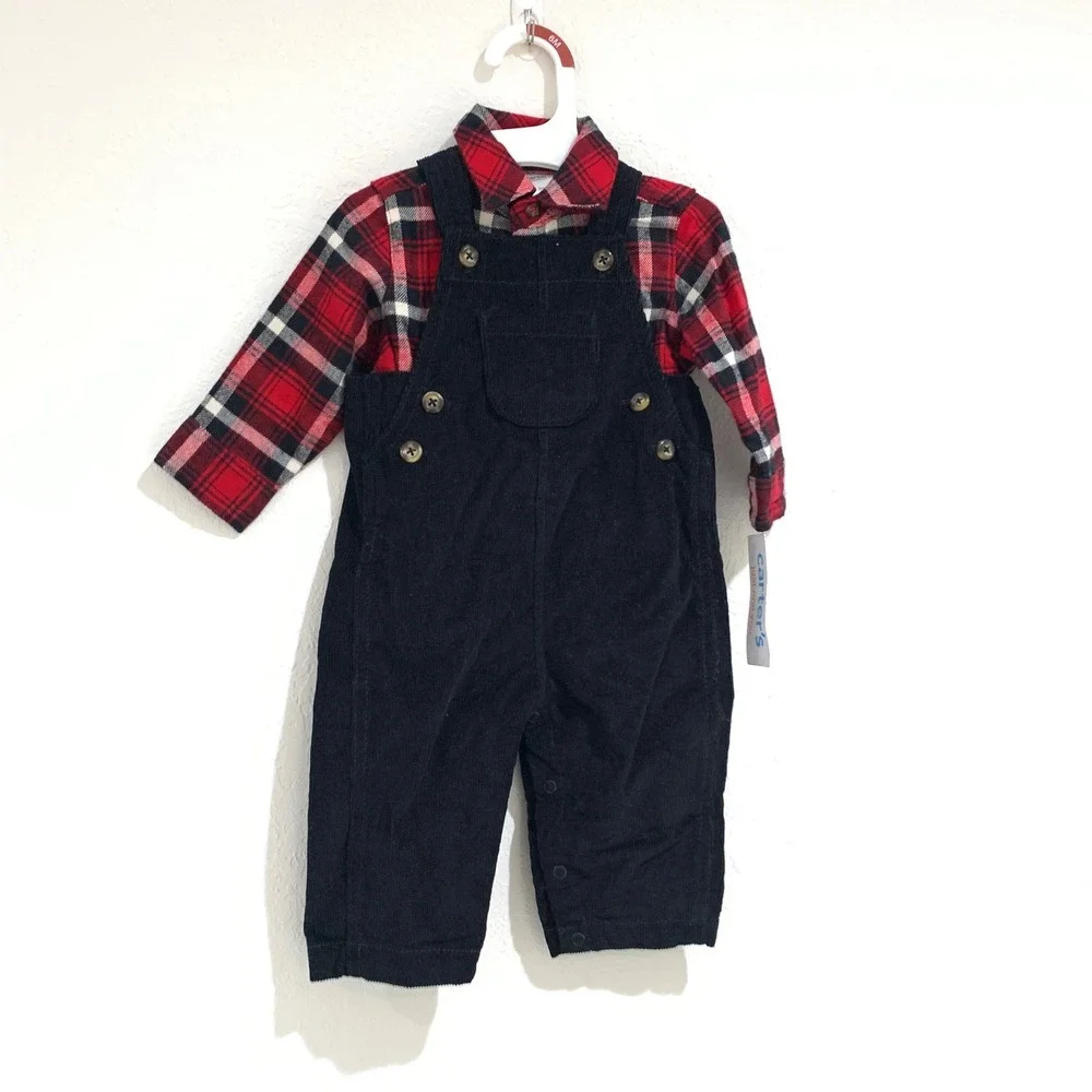 Carters plaid shirt and‎ black corduroy overalls 6 months new with tags